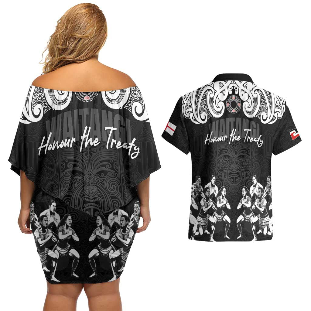 Aotearoa Waitangi Day - Toitu Te Tiriti Couples Matching Off Shoulder Short Dress and Hawaiian Shirt New Zealand Honour the Treaty