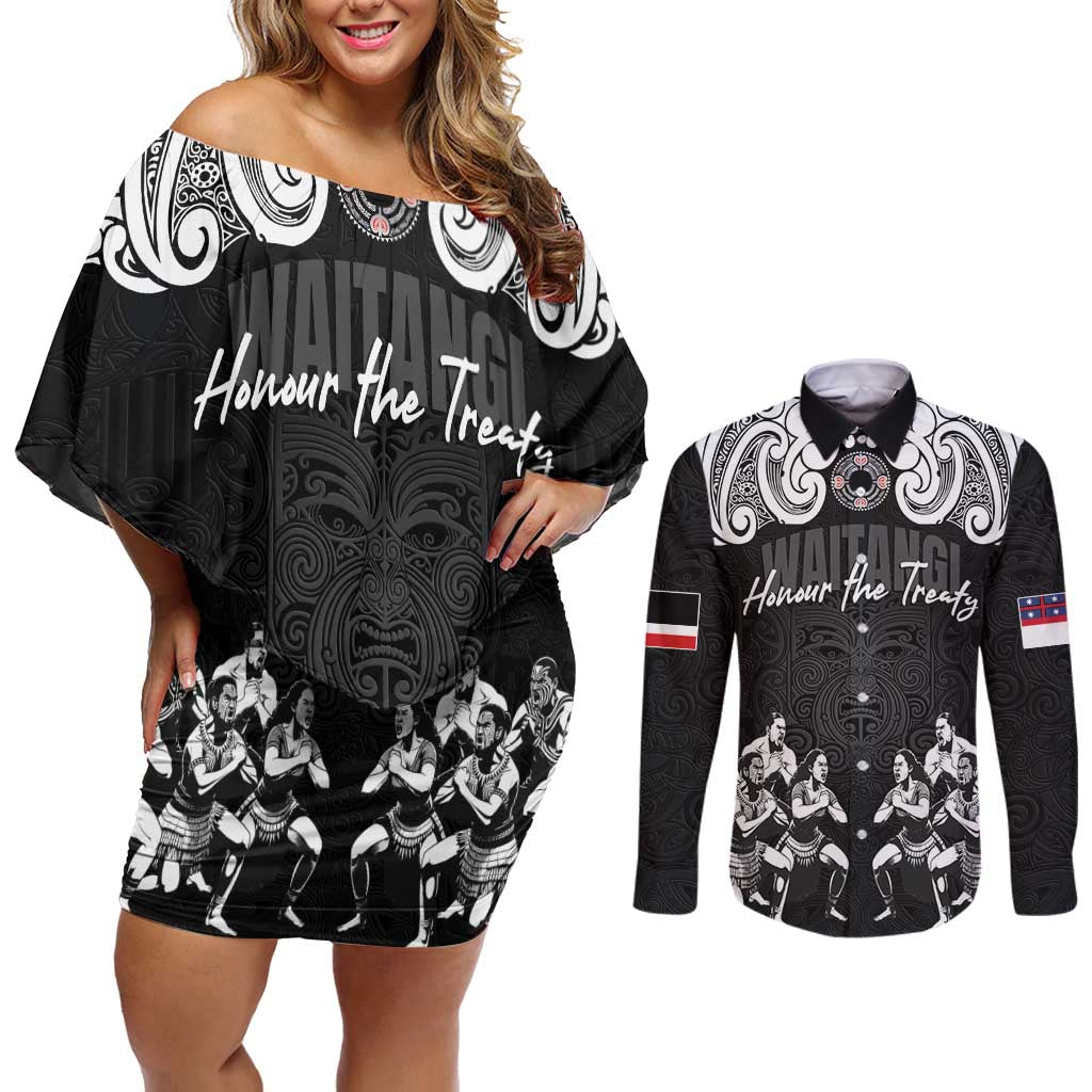 Aotearoa Waitangi Day - Toitu Te Tiriti Couples Matching Off Shoulder Short Dress and Long Sleeve Button Shirt New Zealand Honour the Treaty