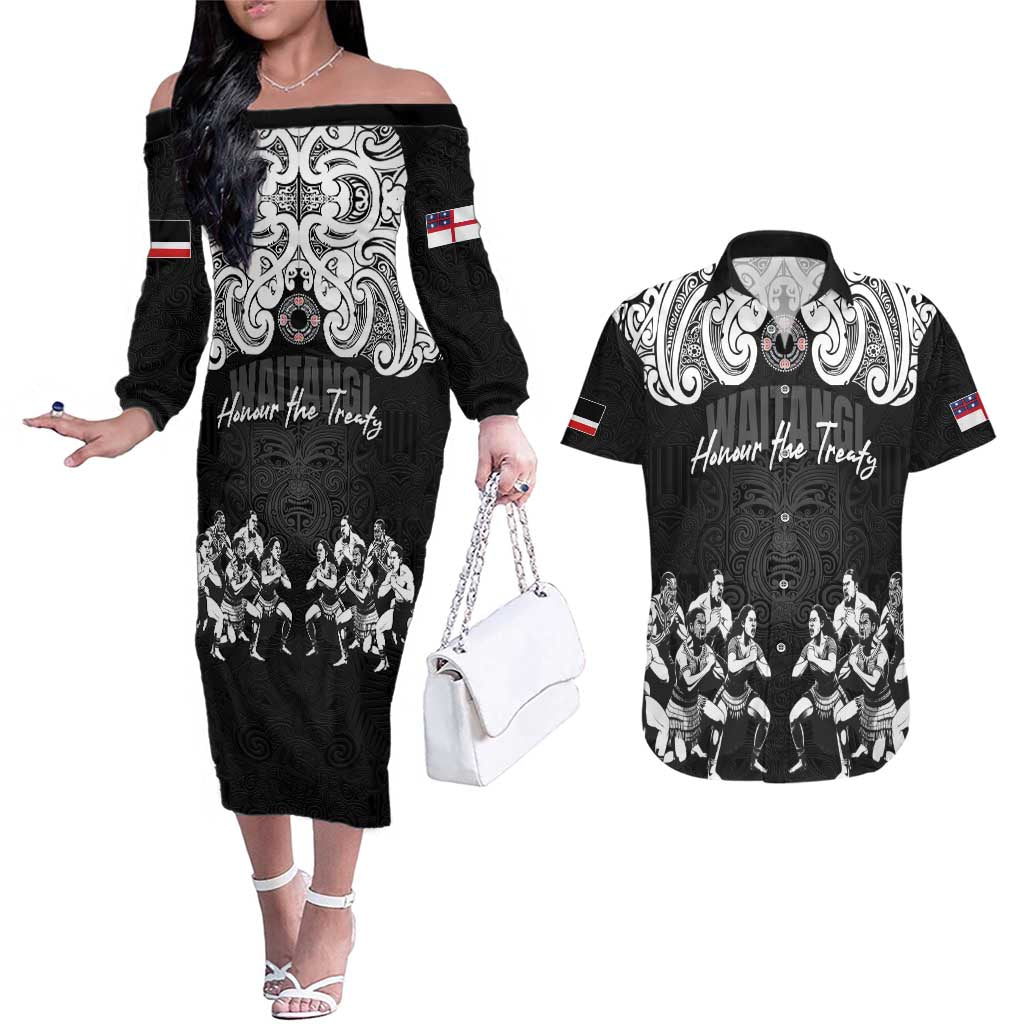 Aotearoa Waitangi Day - Toitu Te Tiriti Couples Matching Off The Shoulder Long Sleeve Dress and Hawaiian Shirt New Zealand Honour the Treaty LT03 Black - Polynesian Pride
