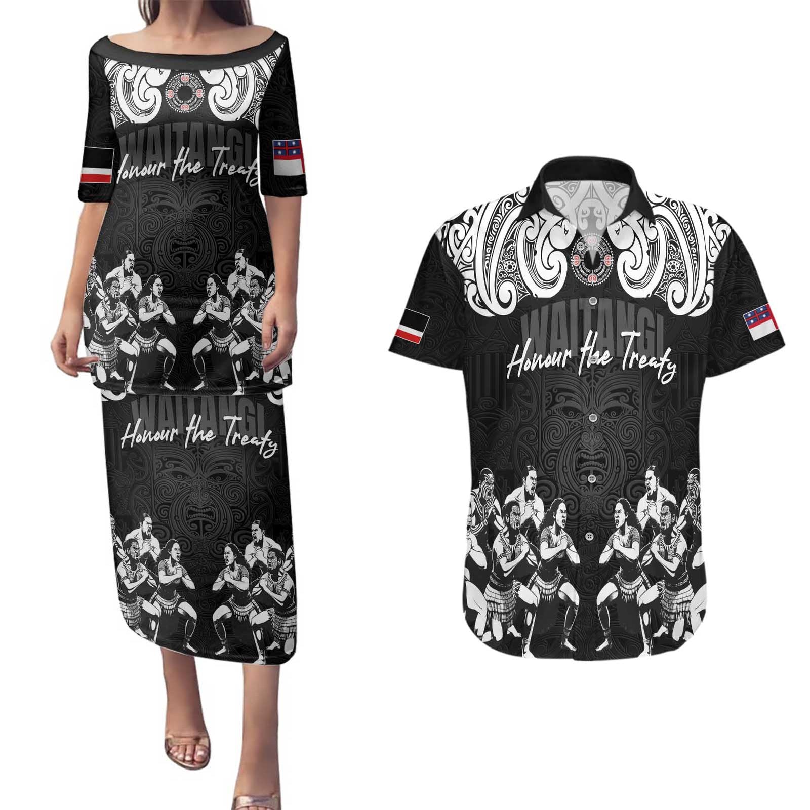 Aotearoa Waitangi Day - Toitu Te Tiriti Couples Matching Puletasi and Hawaiian Shirt New Zealand Honour the Treaty LT03 Black - Polynesian Pride