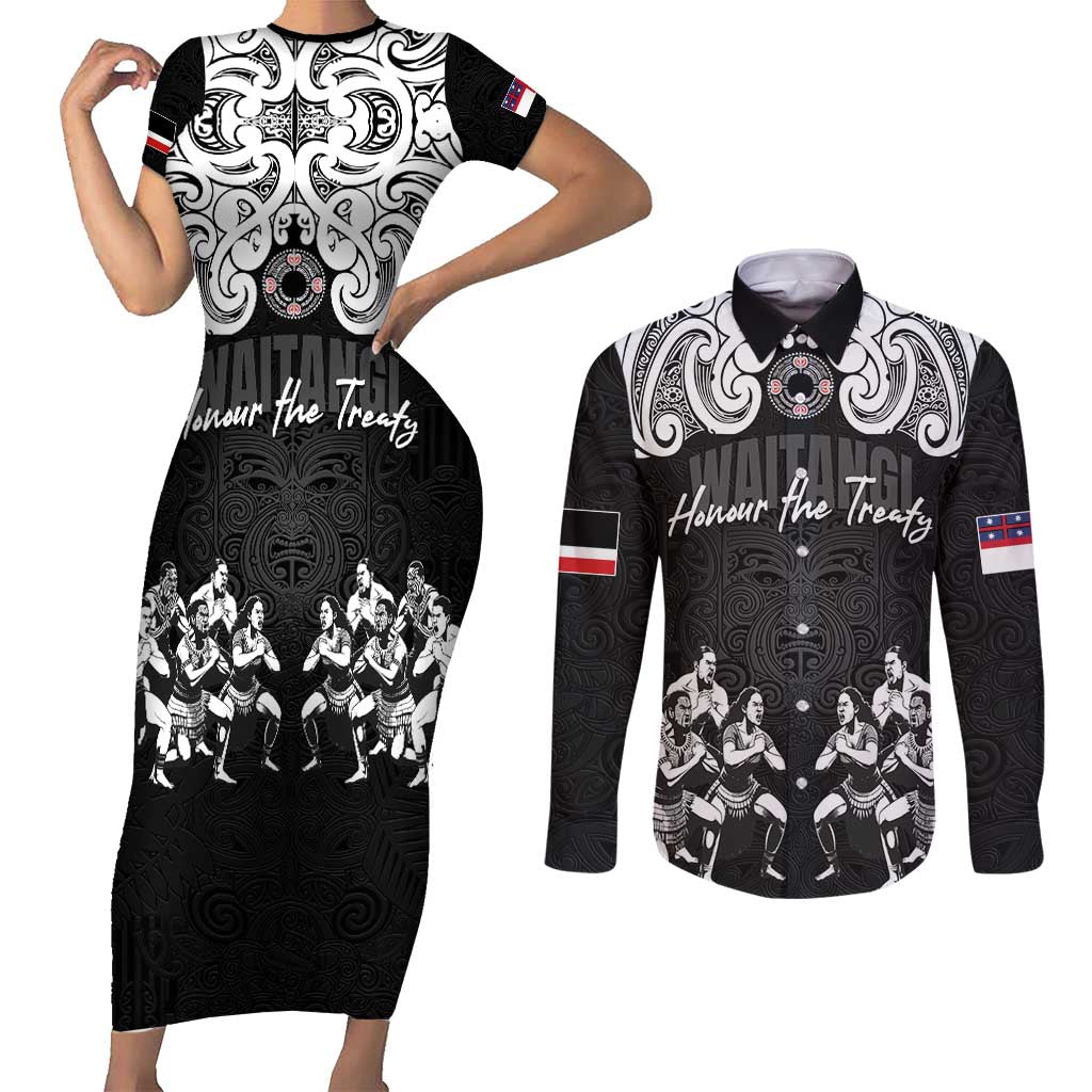 Aotearoa Waitangi Day - Toitu Te Tiriti Couples Matching Short Sleeve Bodycon Dress and Long Sleeve Button Shirt New Zealand Honour the Treaty