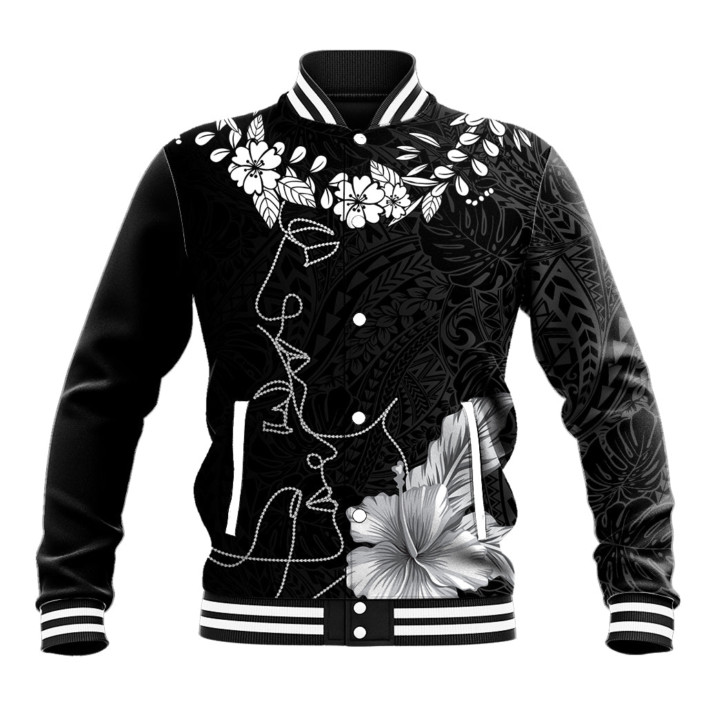 Hawaii Valentine Day Baseball Jacket Polynesian Line Art Love Couple Hibiscus Tribal Pattern LT03 Unisex Black - Polynesian Pride