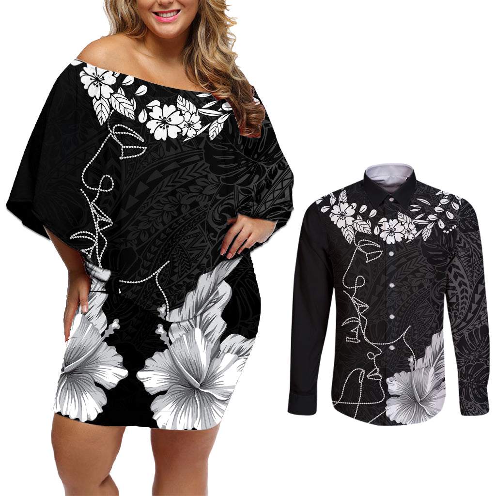 Hawaii Valentine Day Couples Matching Off Shoulder Short Dress and Long Sleeve Button Shirt Polynesian Line Art Love Couple Hibiscus Tribal Pattern LT03 Black - Polynesian Pride