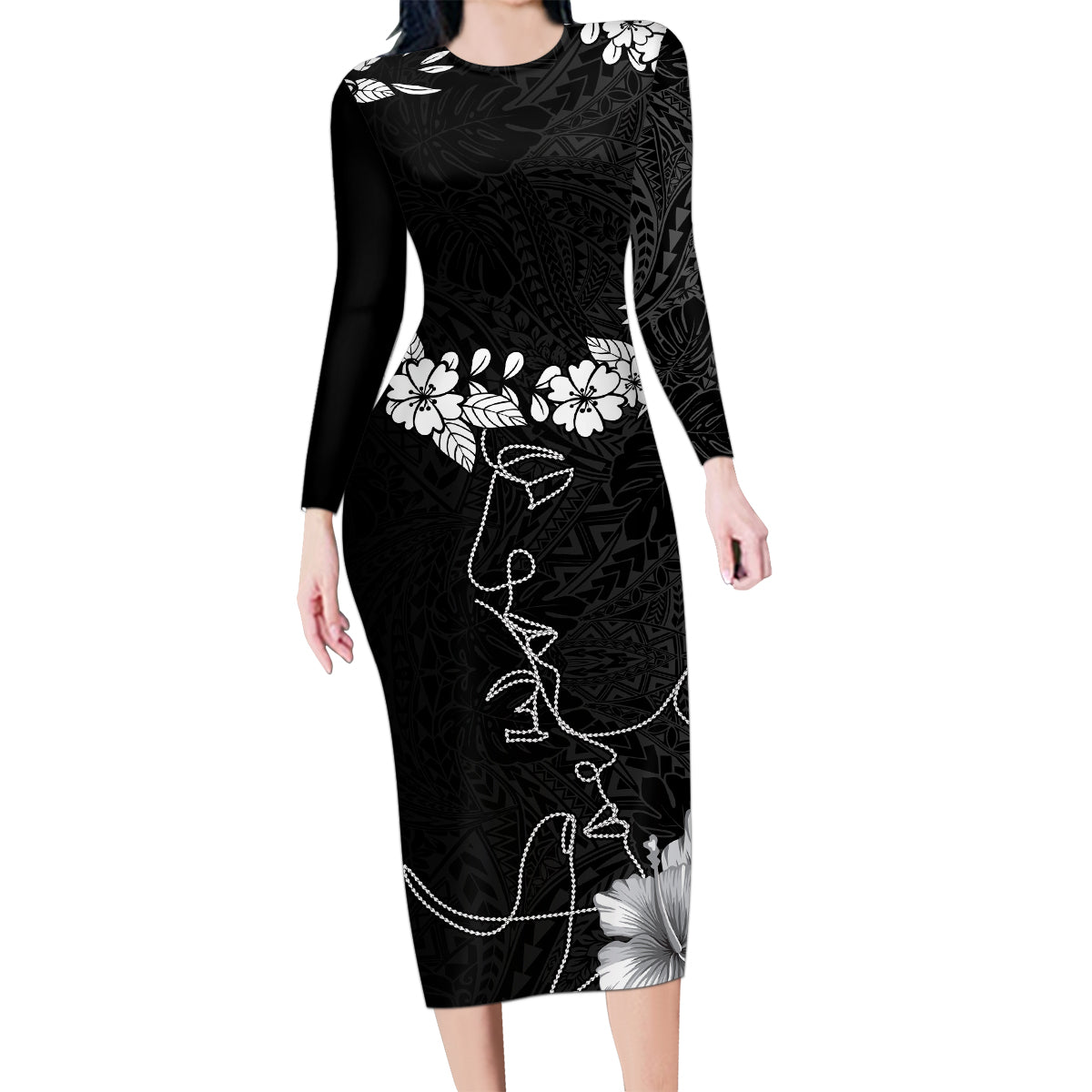Hawaii Valentine Day Family Matching Long Sleeve Bodycon Dress and Hawaiian Shirt Polynesian Line Art Love Couple Hibiscus Tribal Pattern LT03 Mom's Dress Black - Polynesian Pride