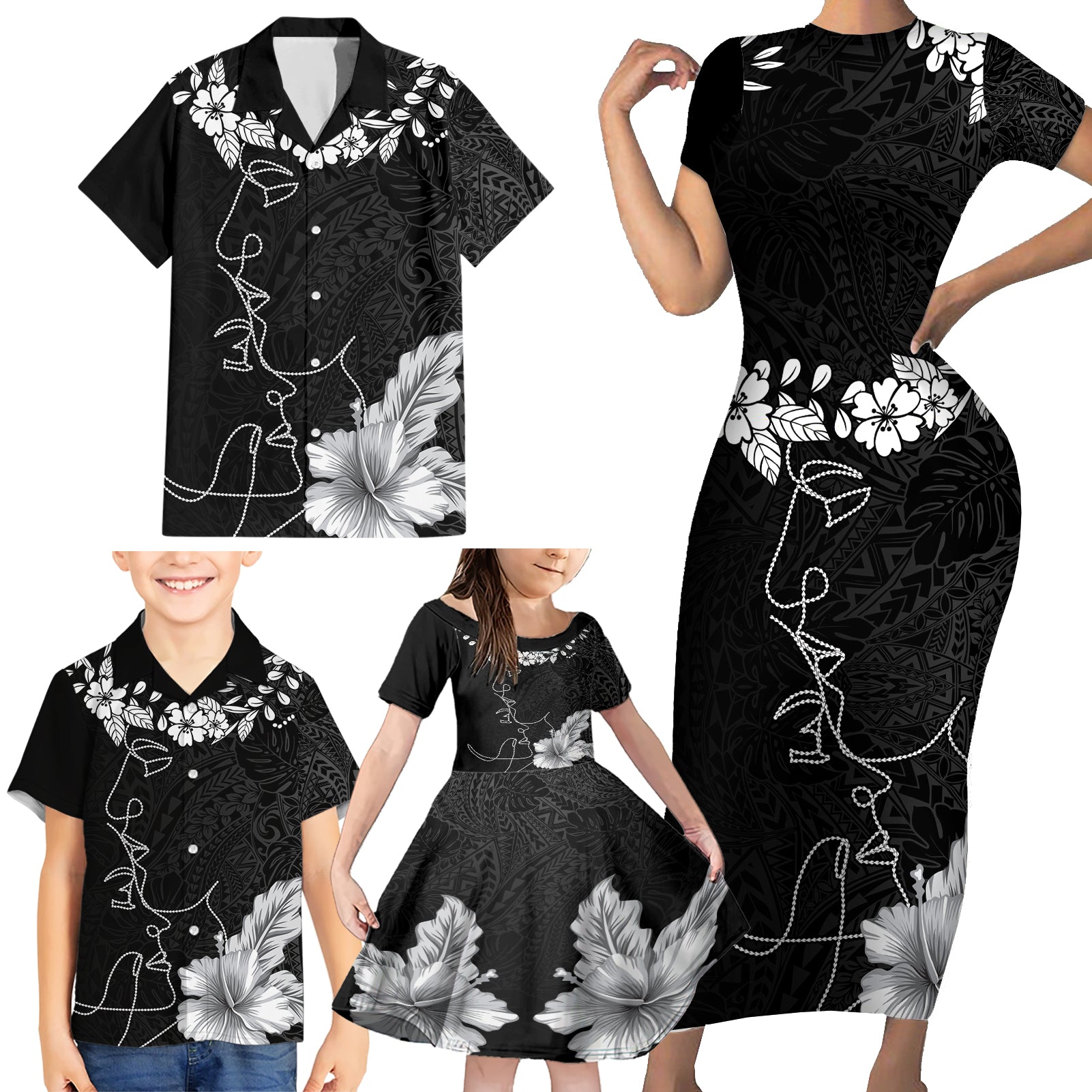 Hawaii Valentine Day Family Matching Short Sleeve Bodycon Dress and Hawaiian Shirt Polynesian Line Art Love Couple Hibiscus Tribal Pattern LT03 - Polynesian Pride