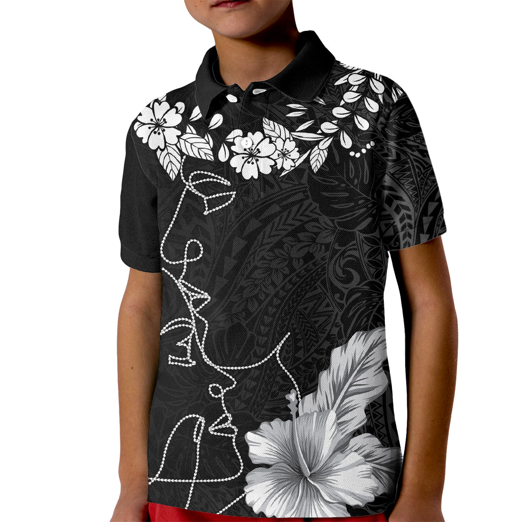 Hawaii Valentine Day Kid Polo Shirt Polynesian Line Art Love Couple Hibiscus Tribal Pattern LT03 Kid Black - Polynesian Pride