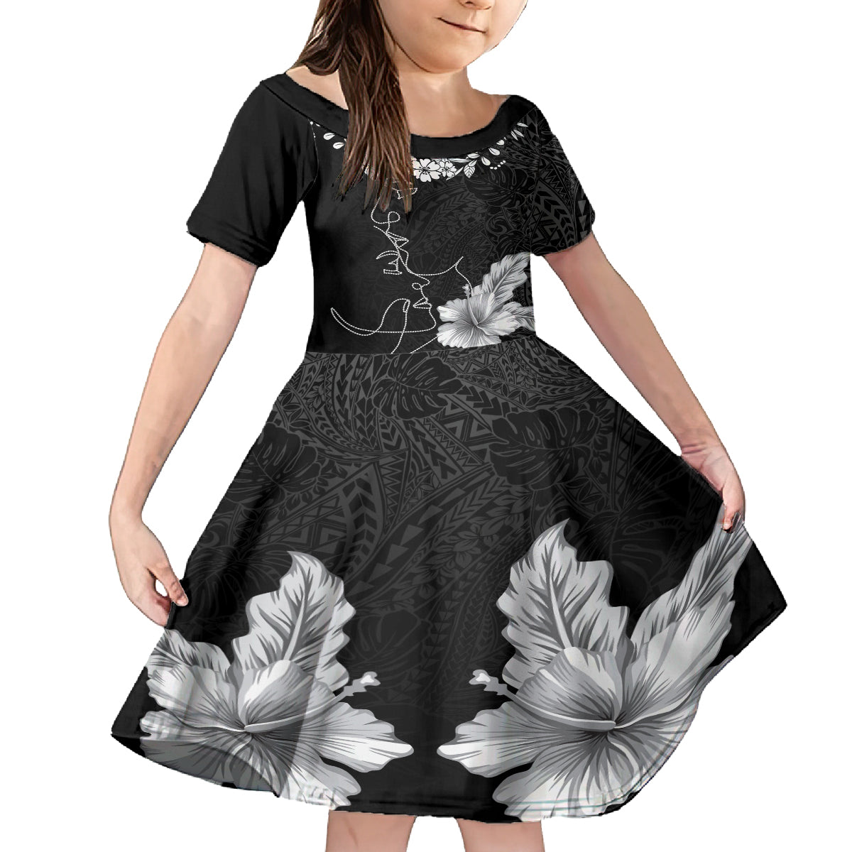 Hawaii Valentine Day Kid Short Sleeve Dress Polynesian Line Art Love Couple Hibiscus Tribal Pattern LT03 KID Black - Polynesian Pride