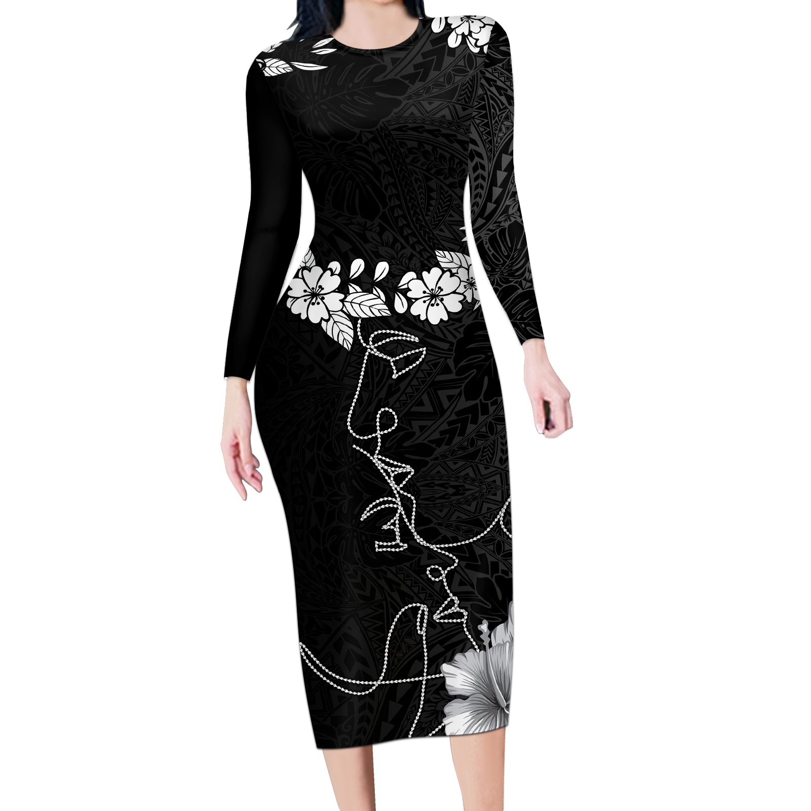 Hawaii Valentine Day Long Sleeve Bodycon Dress Polynesian Line Art Love Couple Hibiscus Tribal Pattern LT03 Long Dress Black - Polynesian Pride