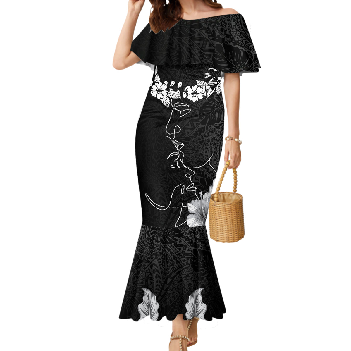 Hawaii Valentine Day Mermaid Dress Polynesian Line Art Love Couple Hibiscus Tribal Pattern LT03 Women Black - Polynesian Pride