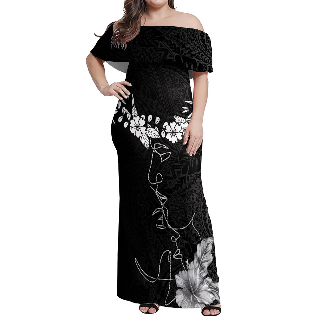 Hawaii Valentine Day Off Shoulder Maxi Dress Polynesian Line Art Love Couple Hibiscus Tribal Pattern LT03 Women Black - Polynesian Pride