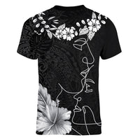 Hawaii Valentine Day Women V Neck T Shirt Polynesian Line Art Love Couple Hibiscus Tribal Pattern LT03 - Polynesian Pride
