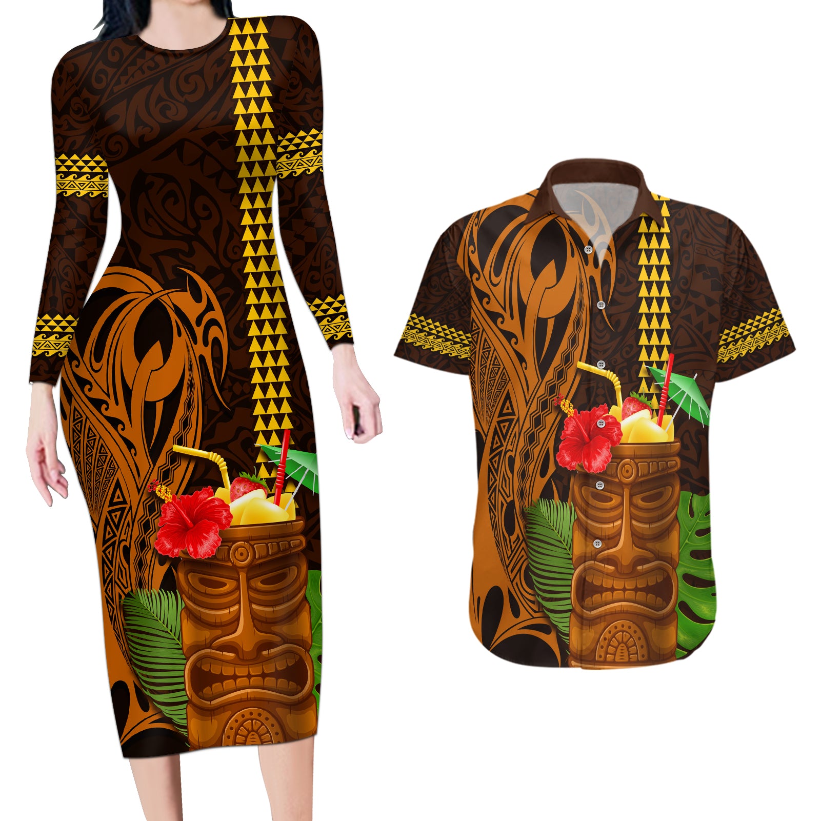 Hawaii Tiki Mask Cocktail Couples Matching Long Sleeve Bodycon Dress and Hawaiian Shirt Kakau Tattoo LT03 Brown - Polynesian Pride