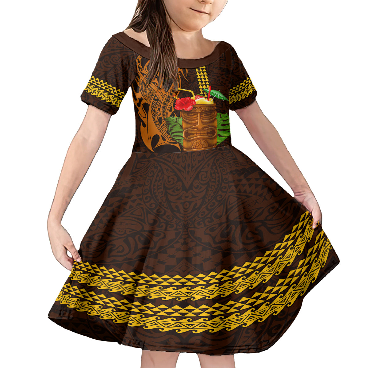 Hawaii Tiki Mask Cocktail Family Matching Long Sleeve Bodycon Dress and Hawaiian Shirt Kakau Tattoo LT03 Daughter's Dress Brown - Polynesian Pride