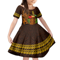 Hawaii Tiki Mask Cocktail Family Matching Long Sleeve Bodycon Dress and Hawaiian Shirt Kakau Tattoo LT03 Daughter's Dress Brown - Polynesian Pride