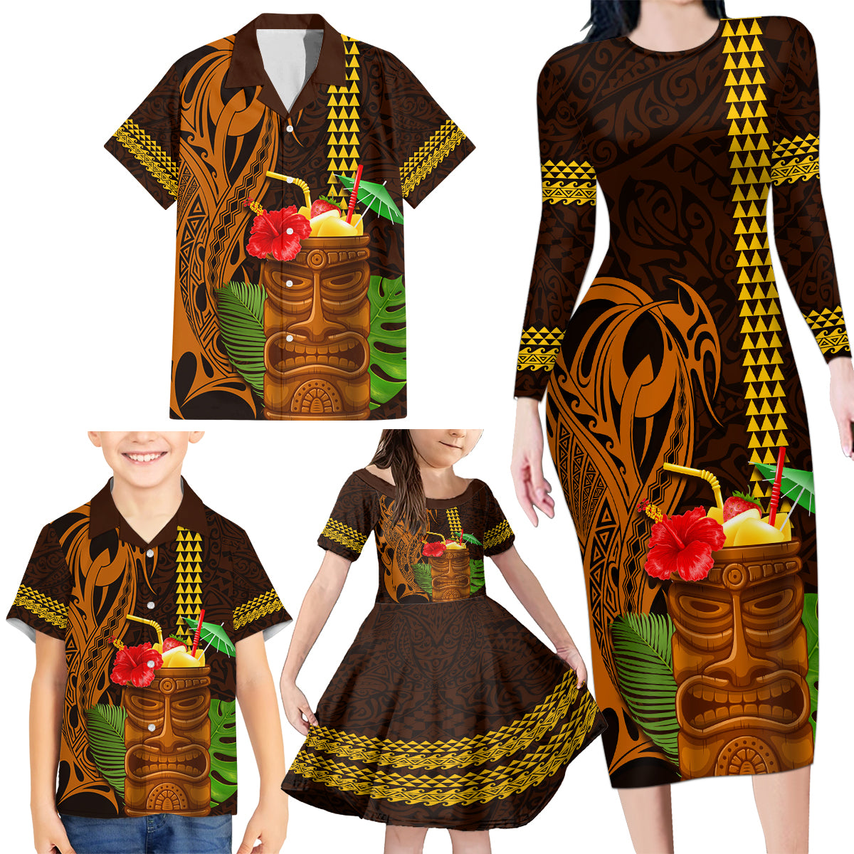 Hawaii Tiki Mask Cocktail Family Matching Long Sleeve Bodycon Dress and Hawaiian Shirt Kakau Tattoo LT03 - Polynesian Pride