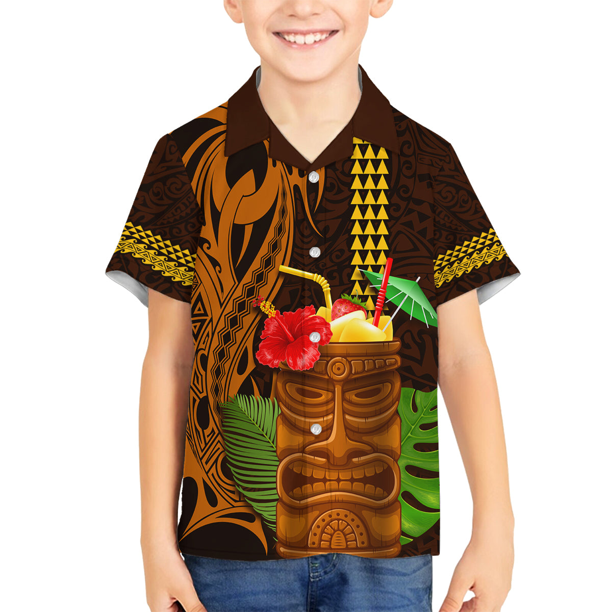Hawaii Tiki Mask Cocktail Family Matching Long Sleeve Bodycon Dress and Hawaiian Shirt Kakau Tattoo LT03 Son's Shirt Brown - Polynesian Pride