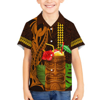Hawaii Tiki Mask Cocktail Family Matching Long Sleeve Bodycon Dress and Hawaiian Shirt Kakau Tattoo LT03 Son's Shirt Brown - Polynesian Pride