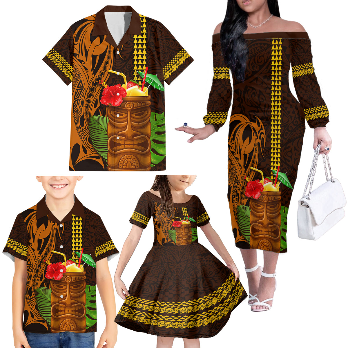 Hawaii Tiki Mask Cocktail Family Matching Off Shoulder Long Sleeve Dress and Hawaiian Shirt Kakau Tattoo LT03 - Polynesian Pride