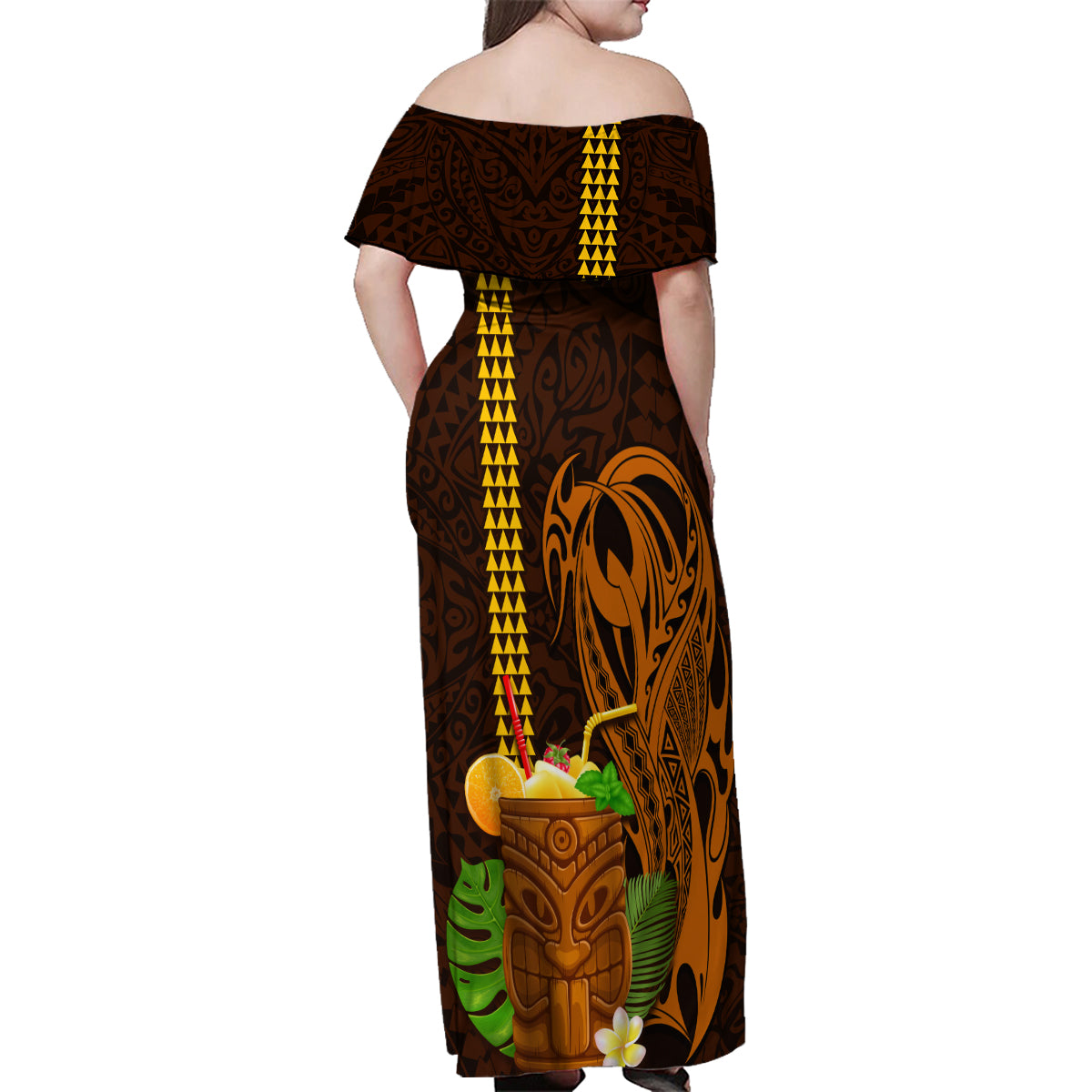 Hawaii Tiki Mask Cocktail Family Matching Off Shoulder Maxi Dress and Hawaiian Shirt Kakau Tattoo LT03 - Polynesian Pride
