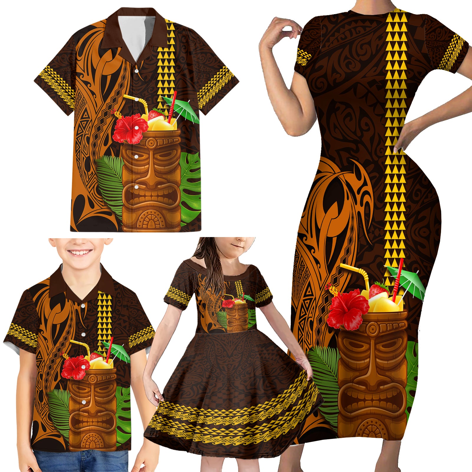 Hawaii Tiki Mask Cocktail Family Matching Short Sleeve Bodycon Dress and Hawaiian Shirt Kakau Tattoo LT03 - Polynesian Pride