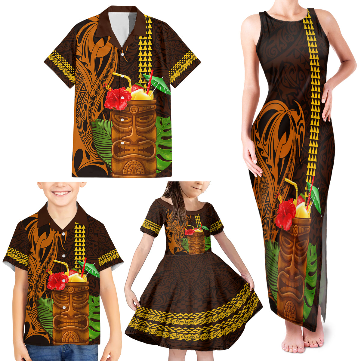 Hawaii Tiki Mask Cocktail Family Matching Tank Maxi Dress and Hawaiian Shirt Kakau Tattoo LT03 - Polynesian Pride