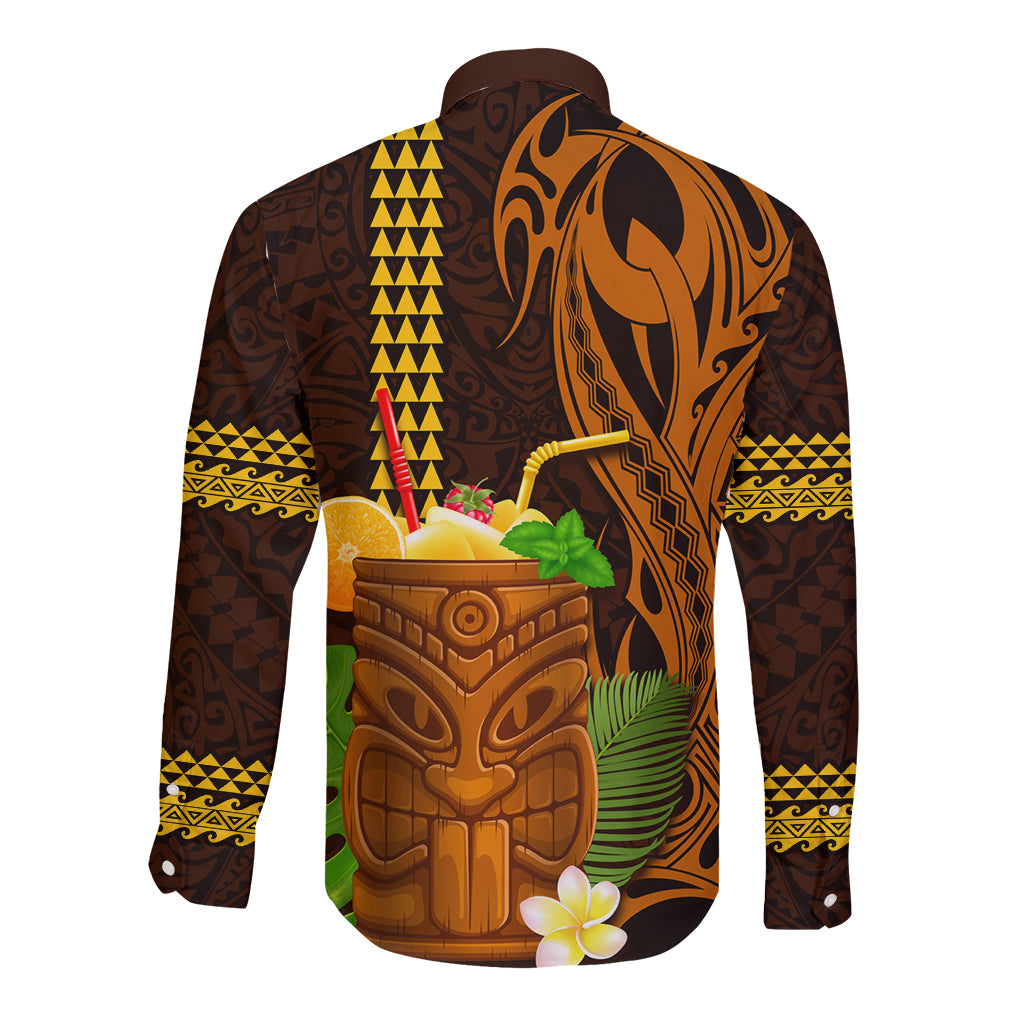 Hawaii Tiki Mask Cocktail Long Sleeve Button Shirt Kakau Tattoo LT03 - Polynesian Pride