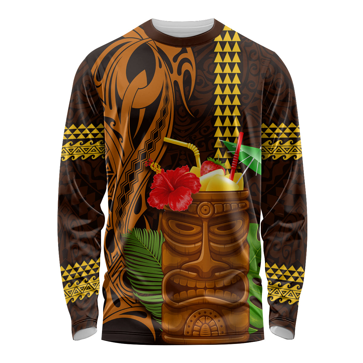 Hawaii Tiki Mask Cocktail Long Sleeve Shirt Kakau Tattoo LT03 Unisex Brown - Polynesian Pride