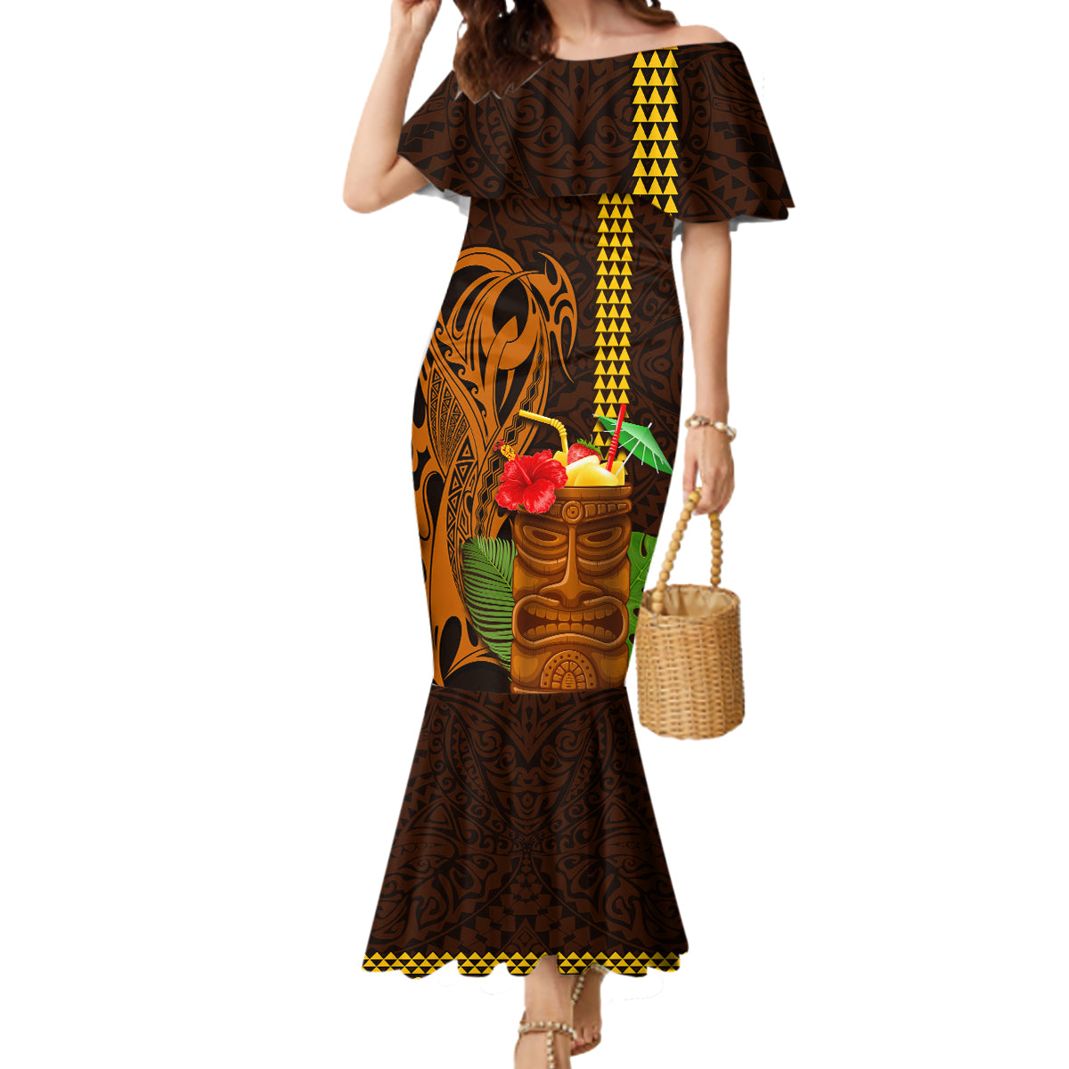 Hawaii Tiki Mask Cocktail Mermaid Dress Kakau Tattoo LT03 Women Brown - Polynesian Pride