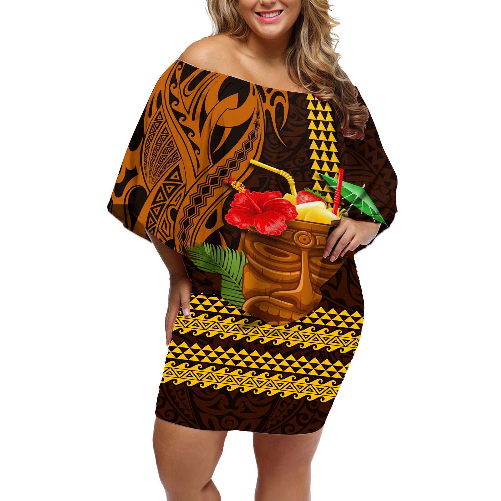 Hawaii Tiki Mask Cocktail Off Shoulder Short Dress Kakau Tattoo LT03 Women Brown - Polynesian Pride