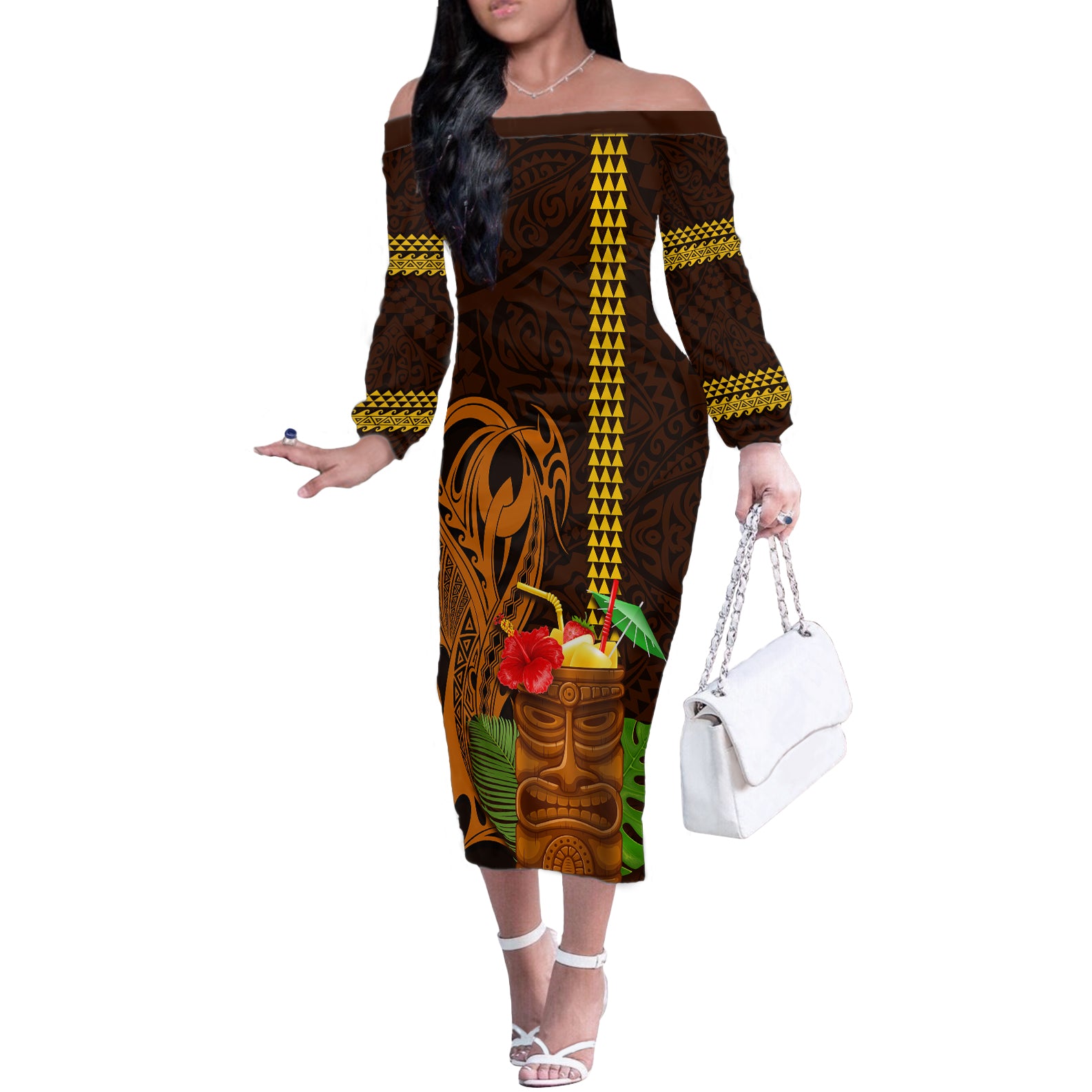 Hawaii Tiki Mask Cocktail Off The Shoulder Long Sleeve Dress Kakau Tattoo LT03 Women Brown - Polynesian Pride