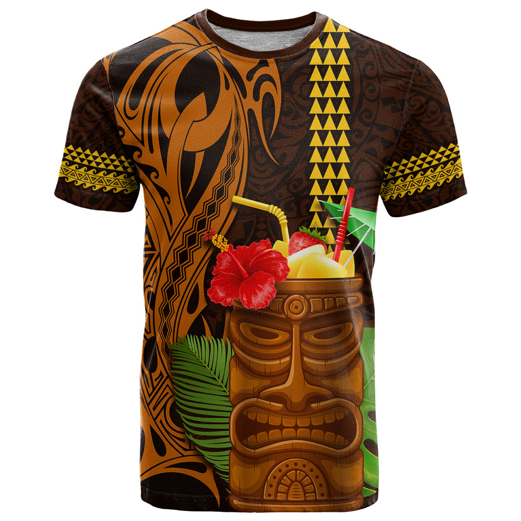 Hawaii Tiki Mask Cocktail T Shirt Kakau Tattoo LT03 Brown - Polynesian Pride