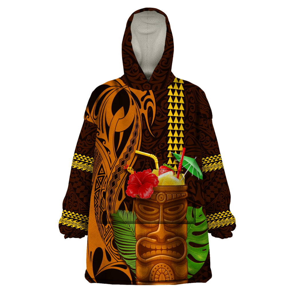 Hawaii Tiki Mask Cocktail Wearable Blanket Hoodie Kakau Tattoo LT03 One Size Brown - Polynesian Pride