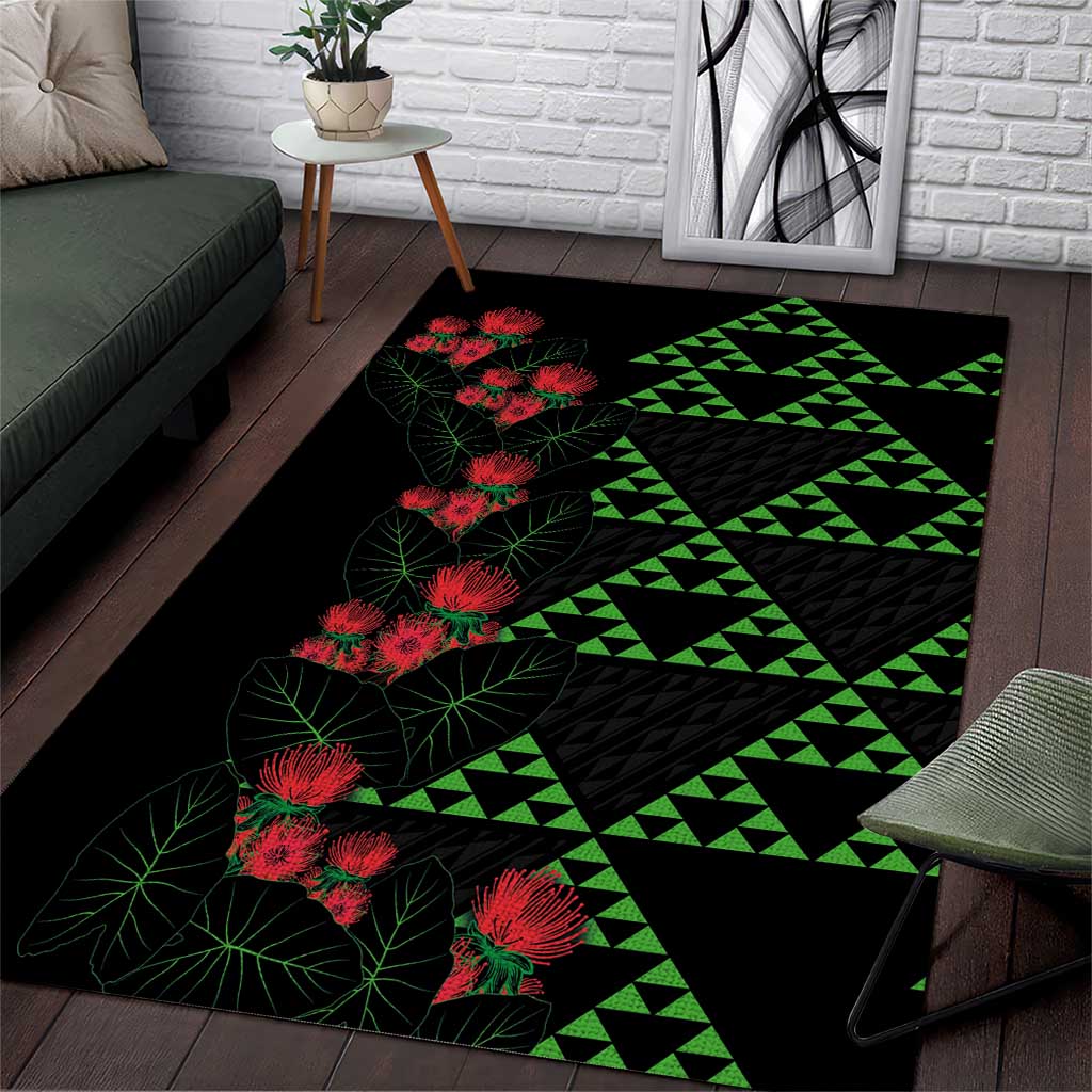 Hawaiian Green Kakau Art Tattoo-Ohia Lehua and Taro Leaves Area Rug