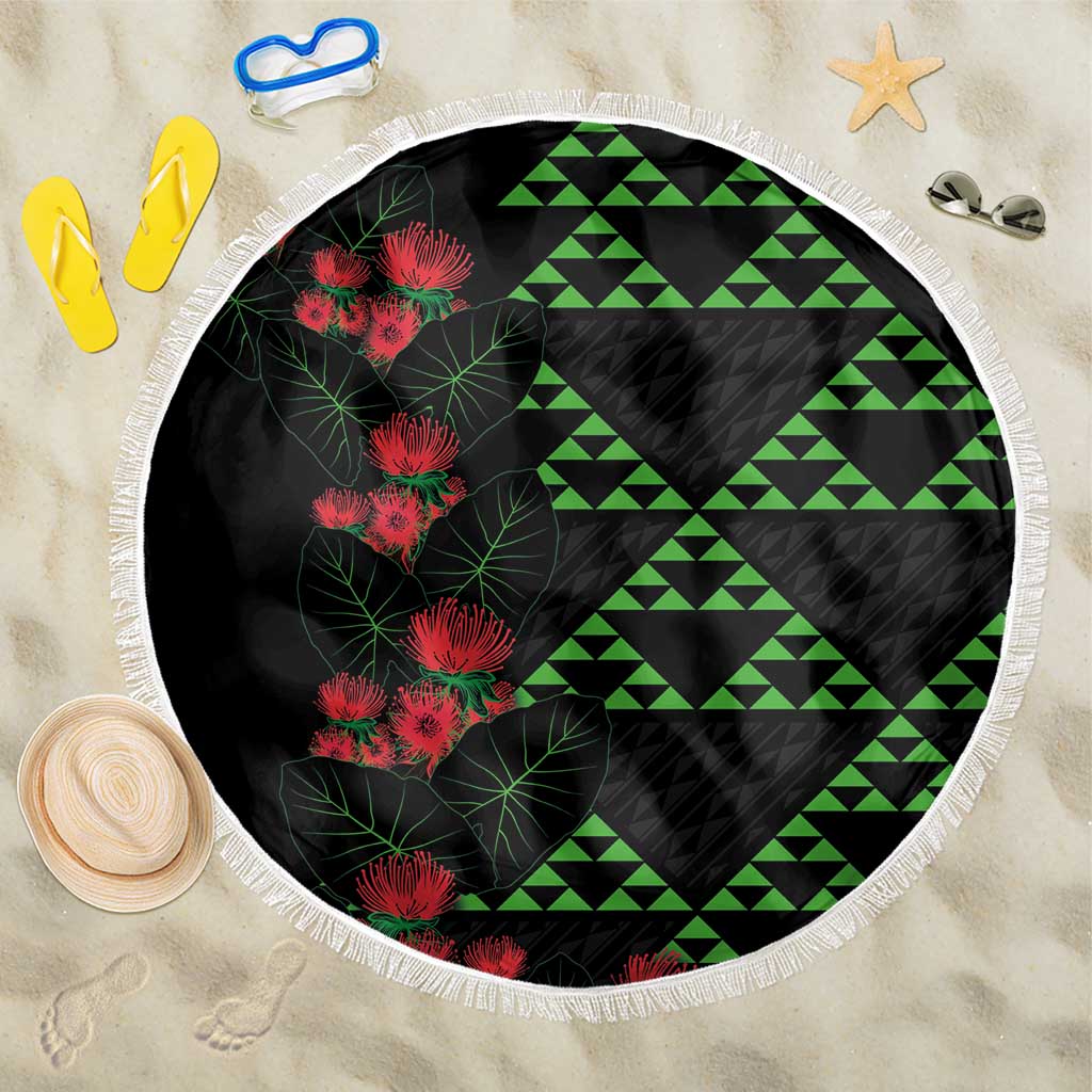 Hawaiian Green Kakau Art Tattoo-Ohia Lehua and Taro Leaves Beach Blanket LT03 One Size 150cm Black-Green - Polynesian Pride