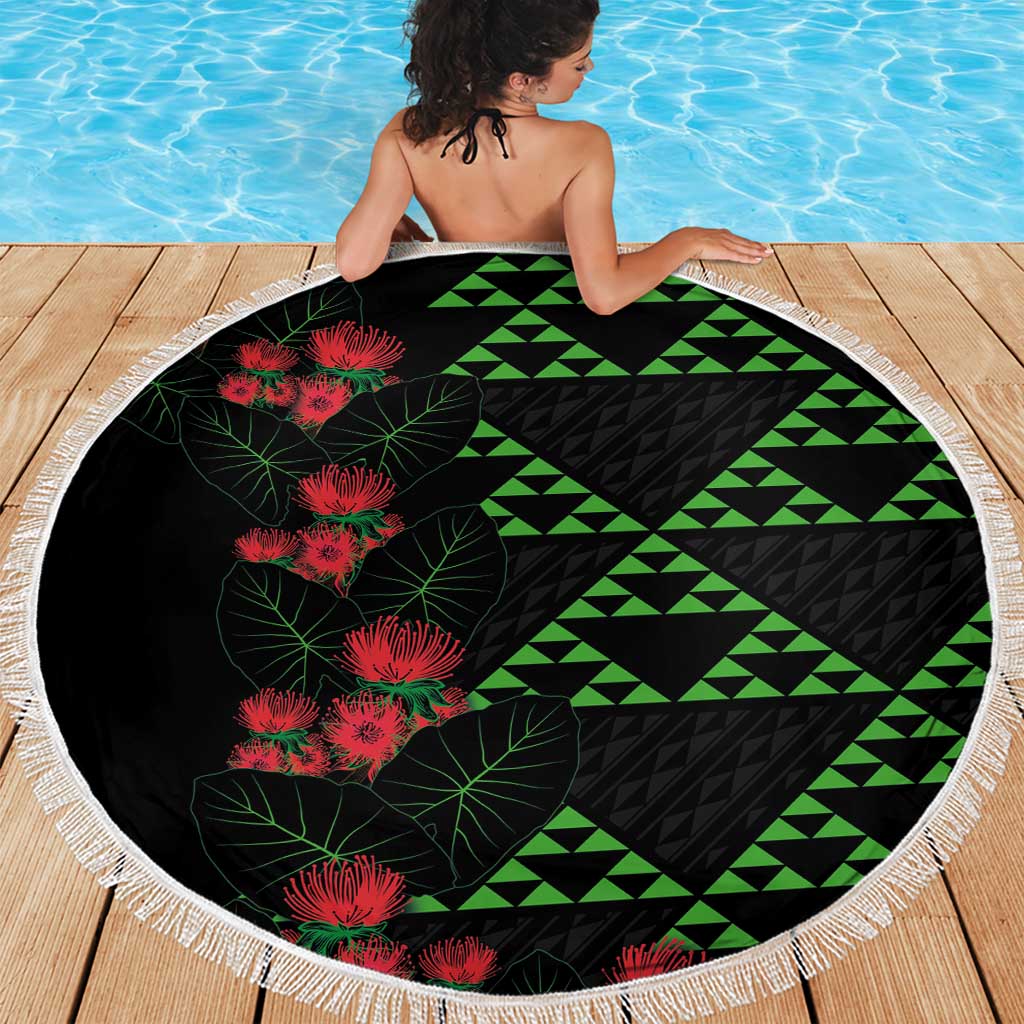 Hawaiian Green Kakau Art Tattoo-Ohia Lehua and Taro Leaves Beach Blanket LT03 - Polynesian Pride