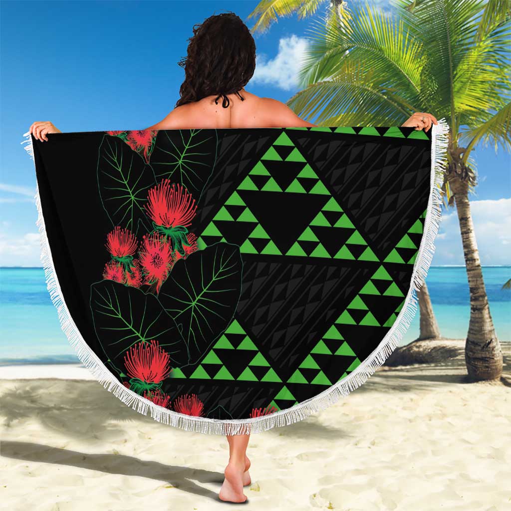 Hawaiian Green Kakau Art Tattoo-Ohia Lehua and Taro Leaves Beach Blanket LT03 - Polynesian Pride