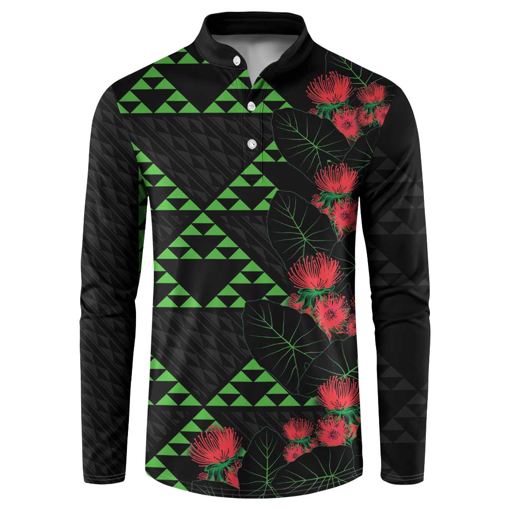 Hawaiian Green Kakau Art Tattoo-Ohia Lehua and Taro Leaves Button Sweatshirt LT03 Black-Green - Polynesian Pride
