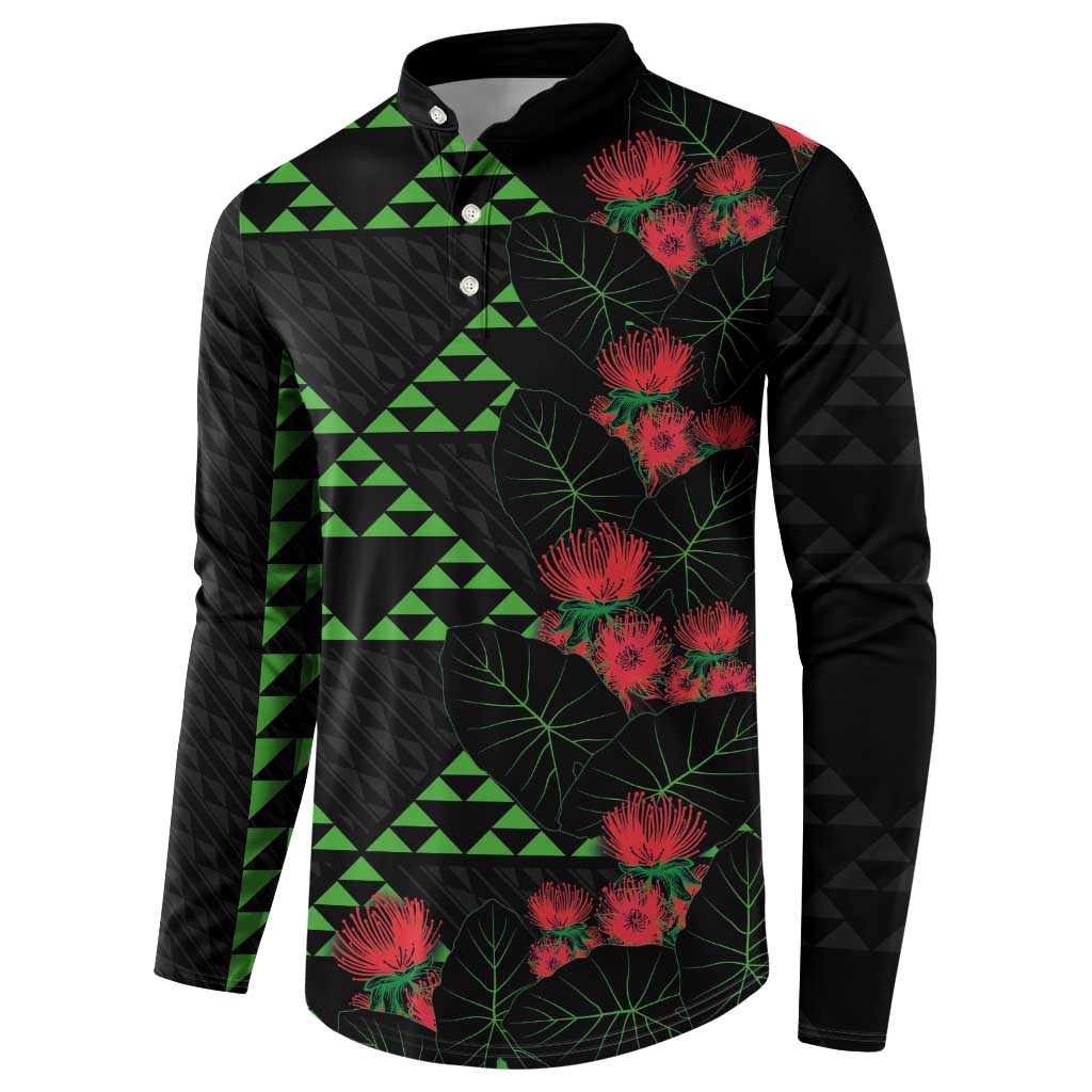 Hawaiian Green Kakau Art Tattoo-Ohia Lehua and Taro Leaves Button Sweatshirt LT03 - Polynesian Pride