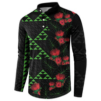 Hawaiian Green Kakau Art Tattoo-Ohia Lehua and Taro Leaves Button Sweatshirt LT03 - Polynesian Pride