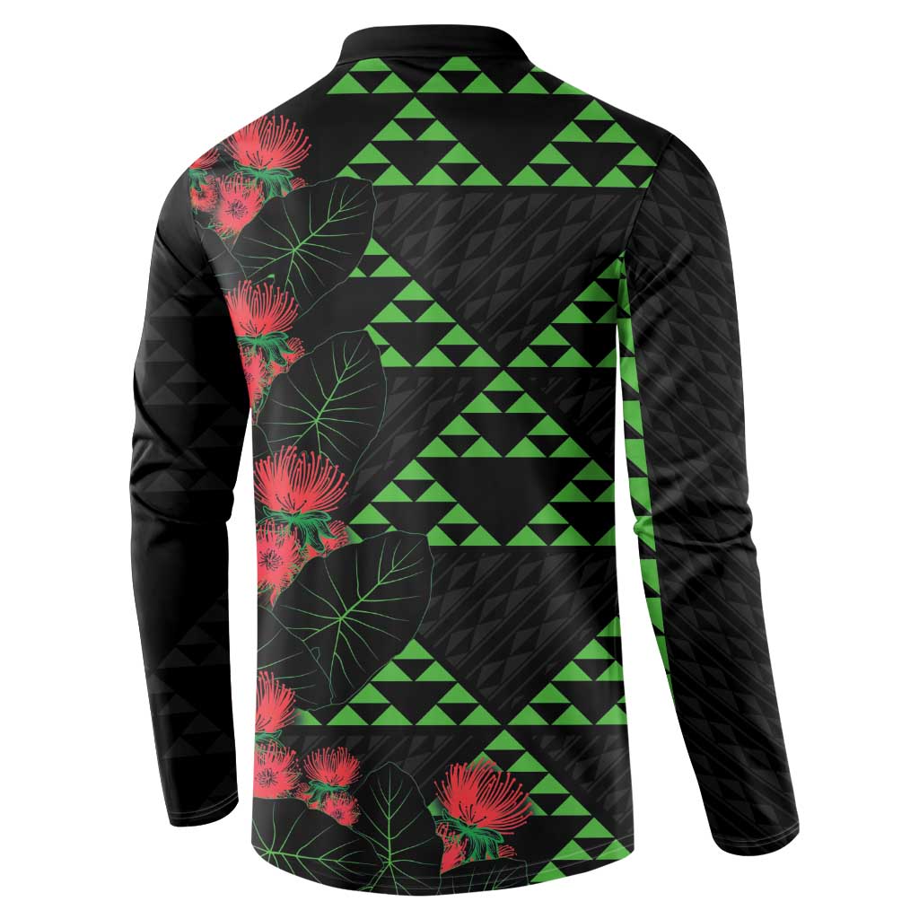 Hawaiian Green Kakau Art Tattoo-Ohia Lehua and Taro Leaves Button Sweatshirt LT03 - Polynesian Pride