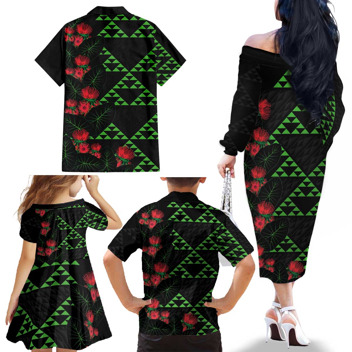 Hawaiian Green Kakau Art Tattoo-Ohia Lehua and Taro Leaves Family Matching Off The Shoulder Long Sleeve Dress and Hawaiian Shirt