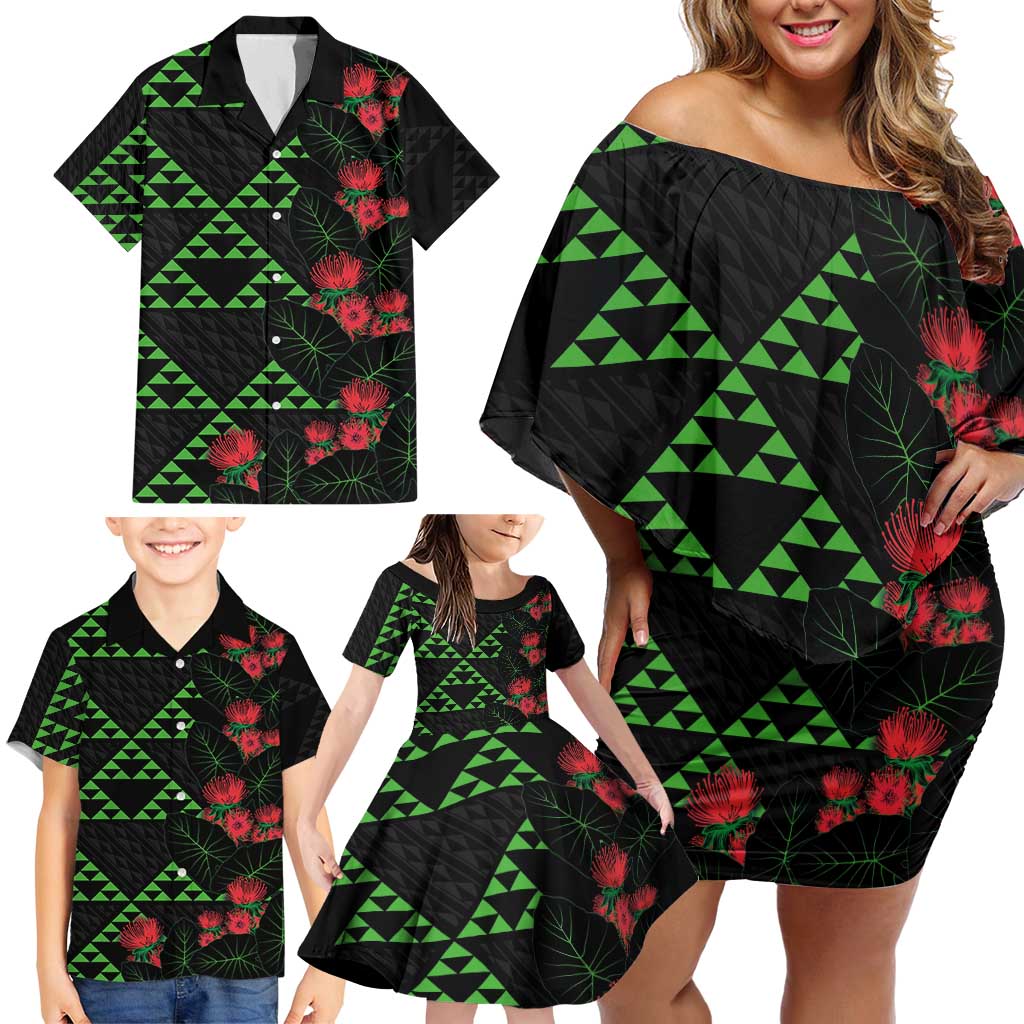 Hawaiian Green Kakau Art Tattoo-Ohia Lehua and Taro Leaves Family Matching Off Shoulder Short Dress and Hawaiian Shirt