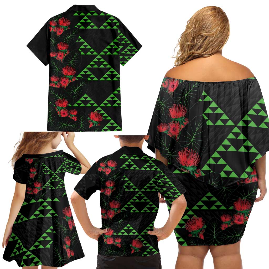 Hawaiian Green Kakau Art Tattoo-Ohia Lehua and Taro Leaves Family Matching Off Shoulder Short Dress and Hawaiian Shirt