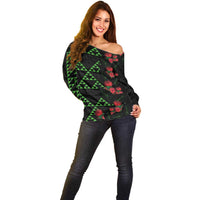 Hawaiian Green Kakau Art Tattoo-Ohia Lehua and Taro Leaves Off Shoulder Sweater