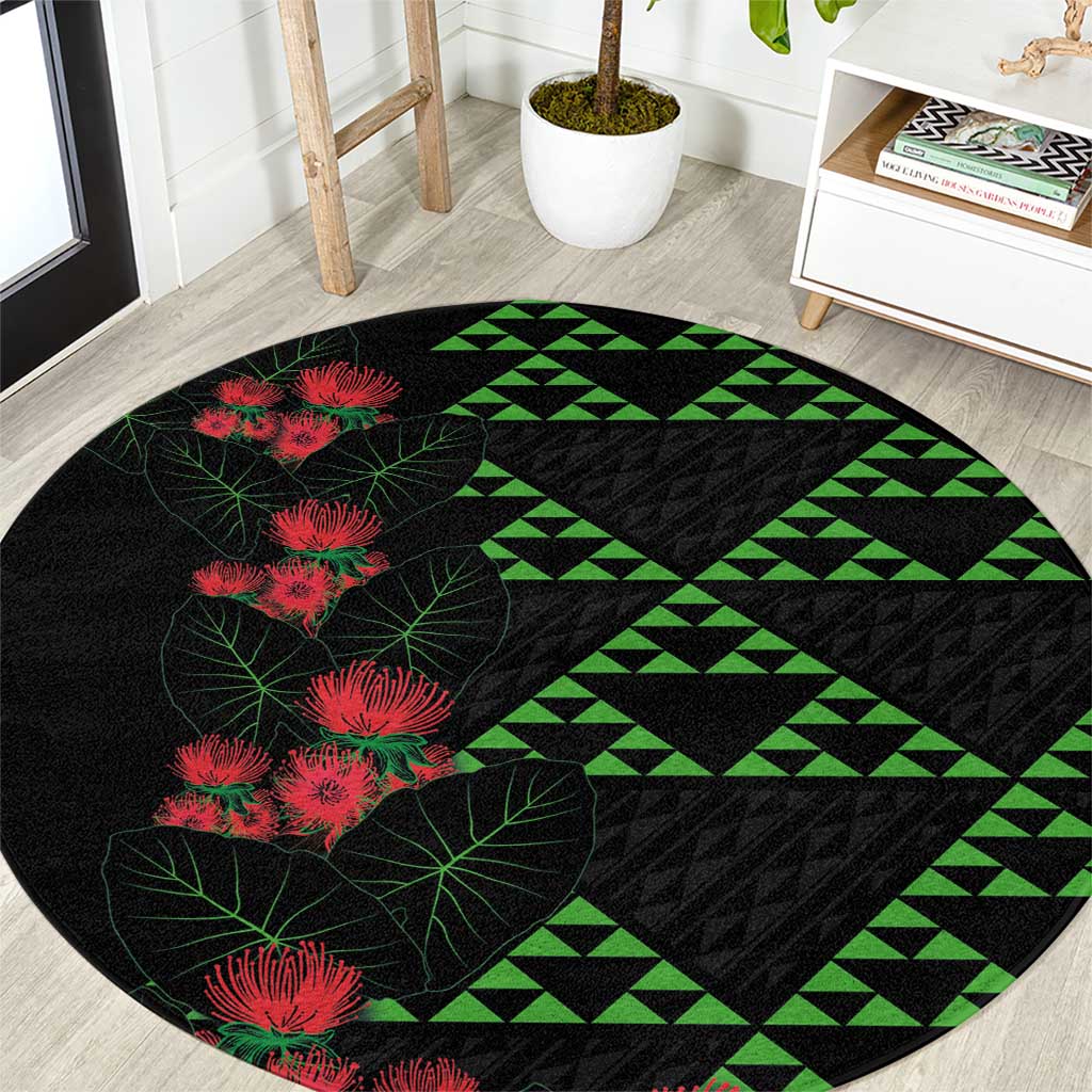 Hawaiian Green Kakau Art Tattoo-Ohia Lehua and Taro Leaves Round Carpet