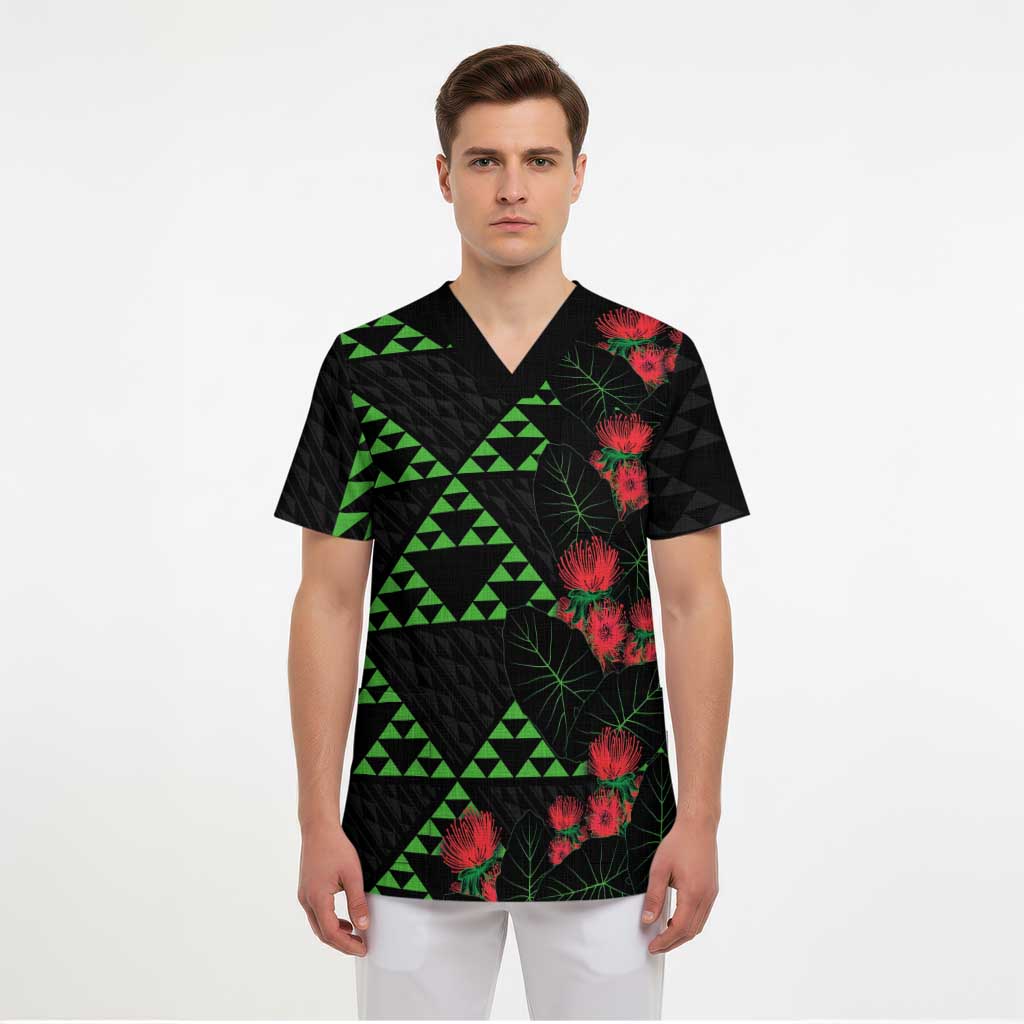 Hawaiian Green Kakau Art Tattoo-Ohia Lehua and Taro Leaves Scrub Top - Polynesian Pride