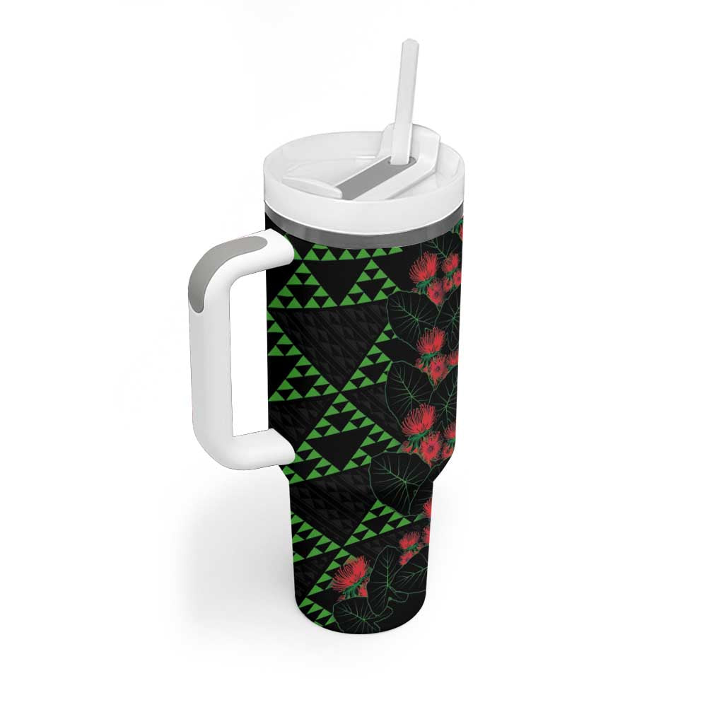 Hawaiian Green Kakau Art Tattoo-Ohia Lehua and Taro Leaves Tumbler With Handle