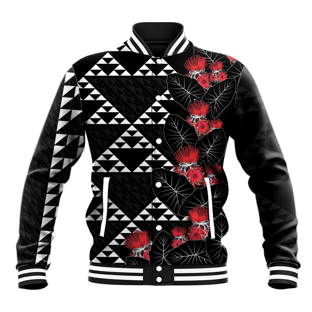 Hawaiian White Kakau Art Tattoo-Ohia Lehua and Taro Leaves Baseball Jacket LT03 Unisex Black-White - Polynesian Pride