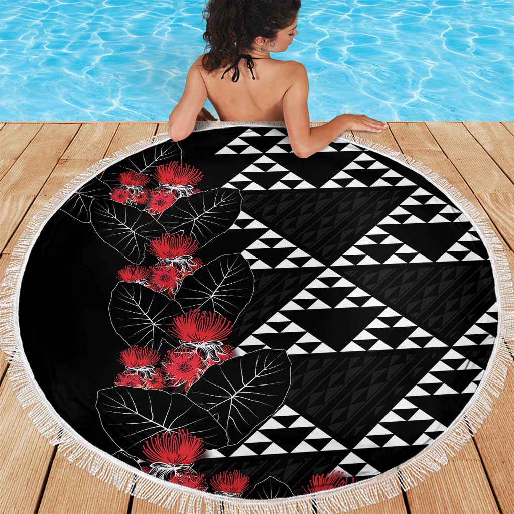 Hawaiian White Kakau Art Tattoo-Ohia Lehua and Taro Leaves Beach Blanket LT03 - Polynesian Pride