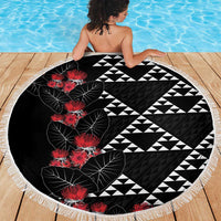 Hawaiian White Kakau Art Tattoo-Ohia Lehua and Taro Leaves Beach Blanket LT03 - Polynesian Pride